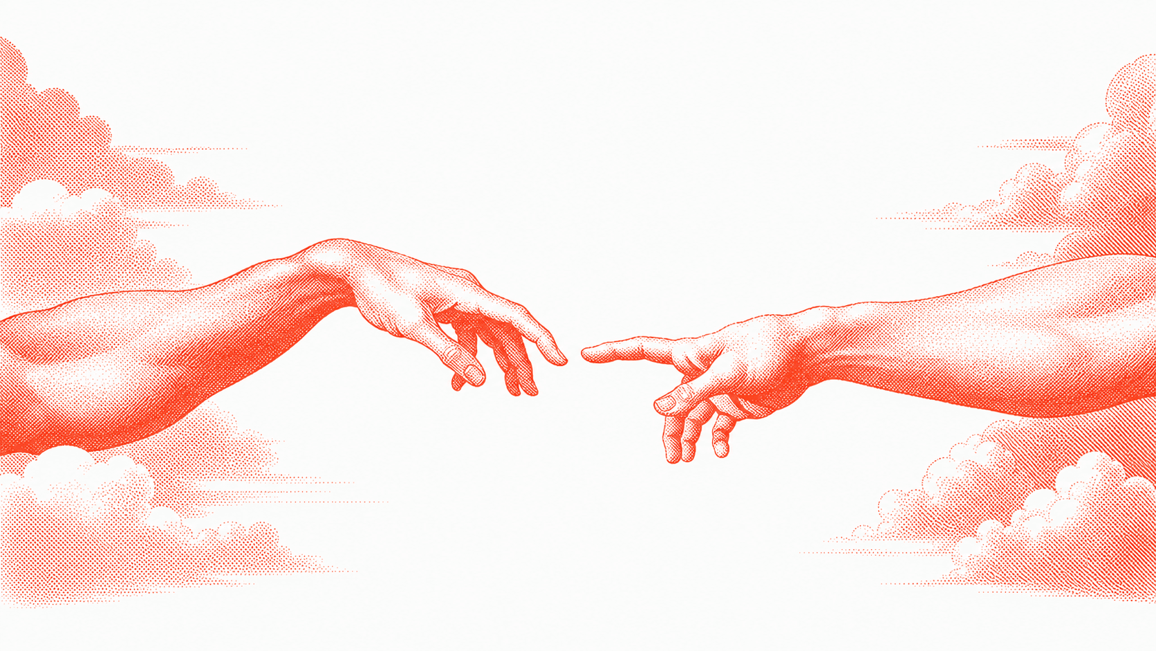 Vermilion line engraving of two hands reaching toward each other