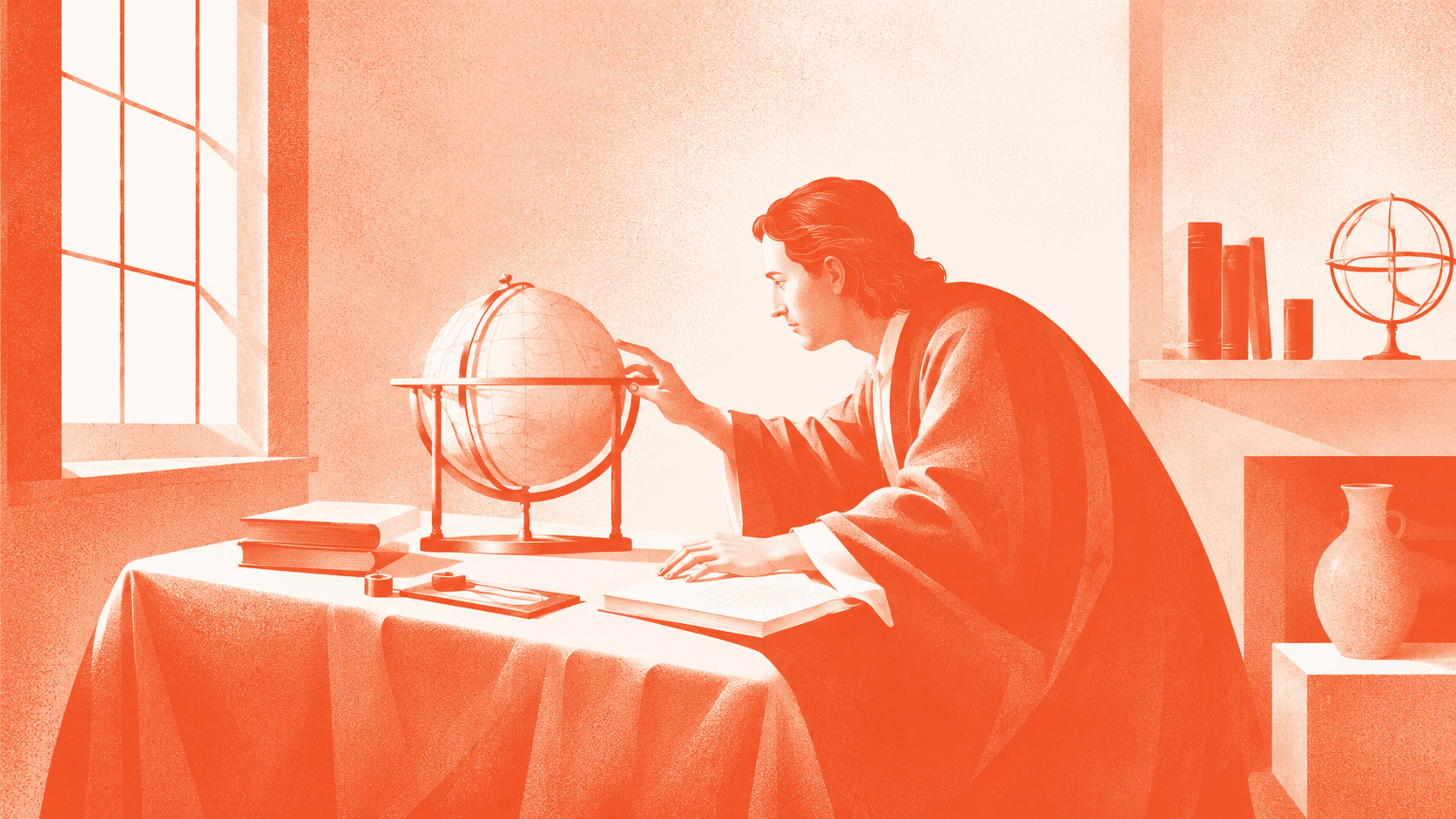 Vermilion illustration of a scholar studying a globe by a window