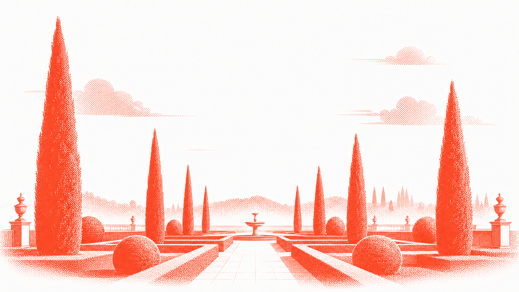 Vermilion stipple engraving of a formal Italian garden